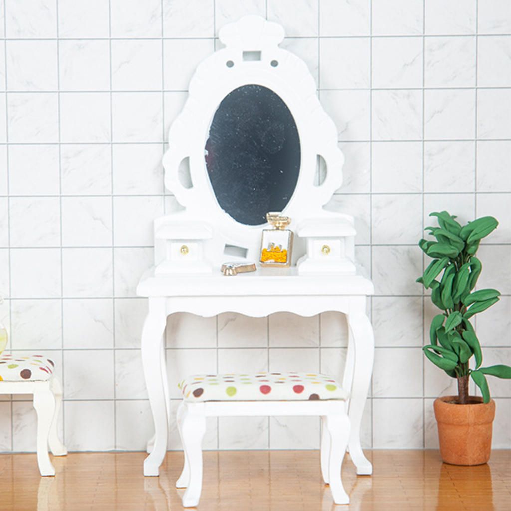 1:12 Mini Toy Dressing Mirror Table With Stool  White