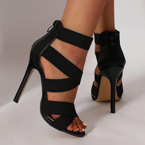 Ladies Sexy Cross Strap High Heels Female Party Sandal Shoes-Black