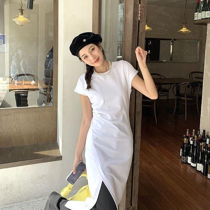 Young Hot Girl Pure Desire Style Design Sense Adult Lady like Woman Black Slit Sheath round Neck Dress Women's Long Waist Slimming