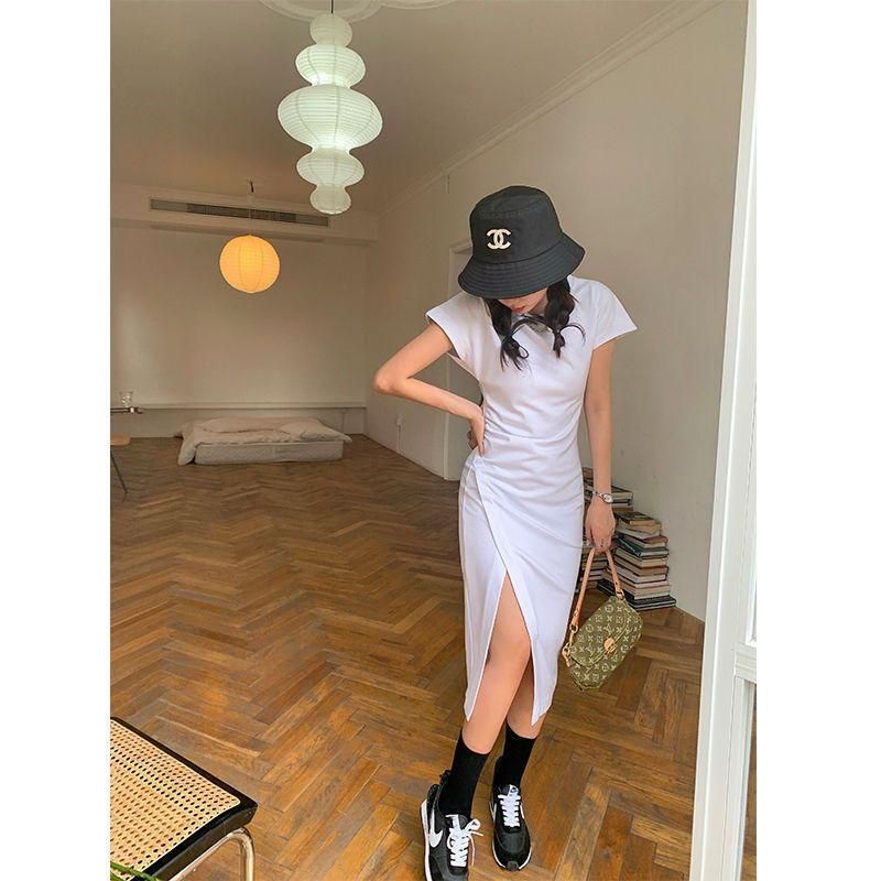 Young Hot Girl Pure Desire Style Design Sense Adult Lady like Woman Black Slit Sheath round Neck Dress Women's Long Waist Slimming