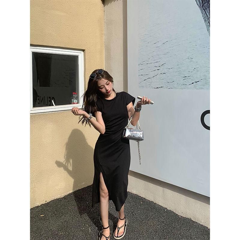 Young Hot Girl Pure Desire Style Design Sense Adult Lady like Woman Black Slit Sheath round Neck Dress Women's Long Waist Slimming