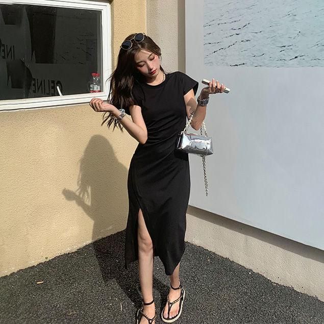 Young Hot Girl Pure Desire Style Design Sense Adult Lady like Woman Black Slit Sheath round Neck Dress Women's Long Waist Slimming