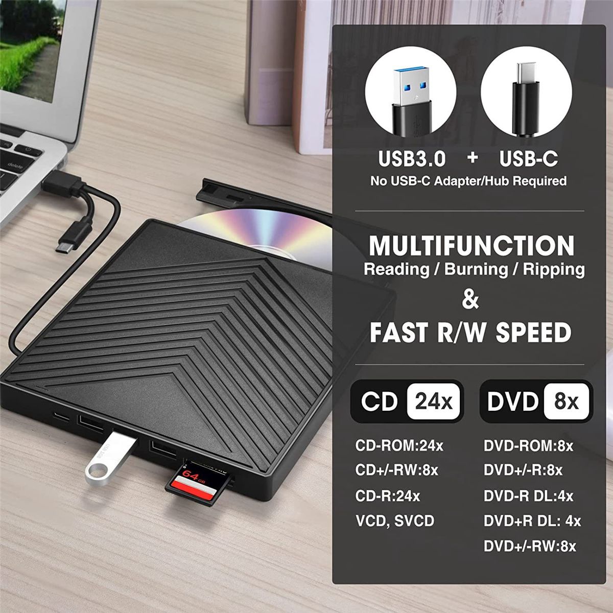 External CD DVD Drive, 8 in 1 CD DVD Drive Burner