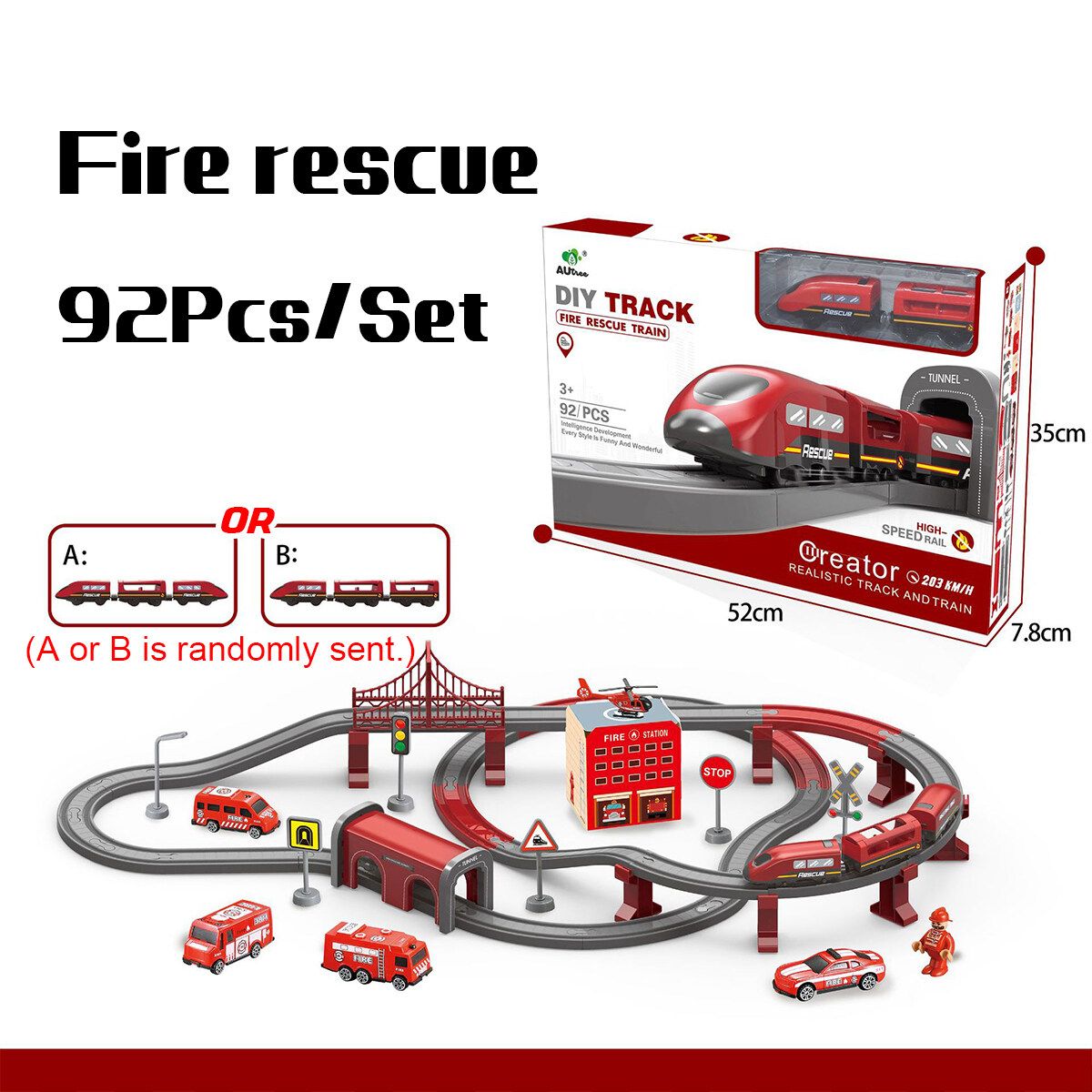 66/92PCS Electric Train Tracks Toy Set Rescue//Engineering/City Train Fire Rescue 92Pcs