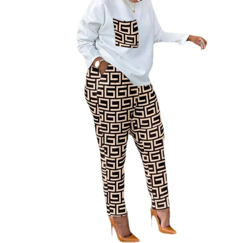 Foreign Trade Women's Clothing Long Sleeve Trousers Fashionable Printed Long Sleeve Large Size Loose Casual Two-Piece Suit Ladies
