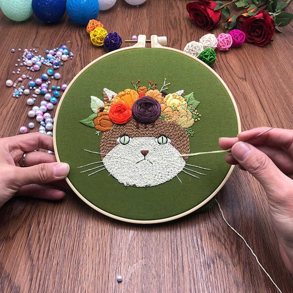 Hand Beginner Embroidery Kit Easy Cross Stitch Kits With Pattern Animals Cat DIY Embroidery Include Hoop Thread And Needle Tooreen