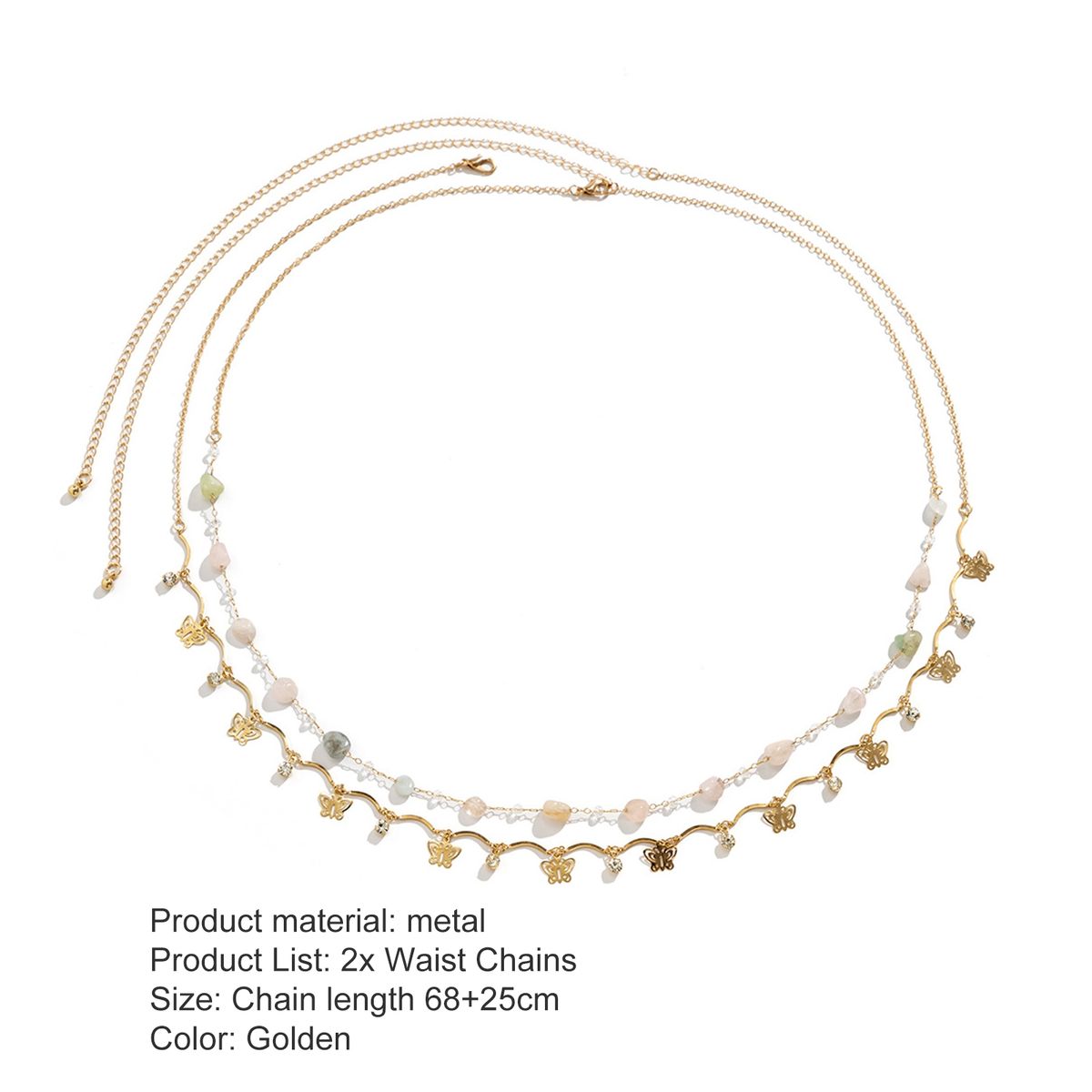2Pcs Beaded Waist Chain Double Layered Faux Golden