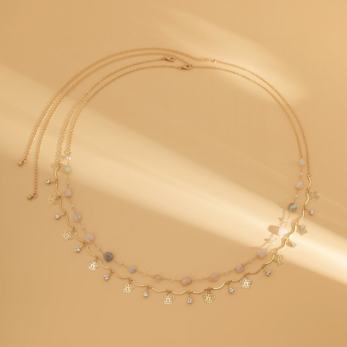 2Pcs Beaded Waist Chain Double Layered Faux Golden