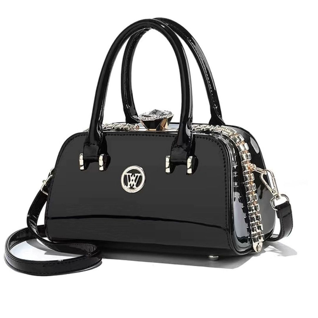Vintage Patent Leather Zigzag Clamp Party Ladies Hand Bag-Black