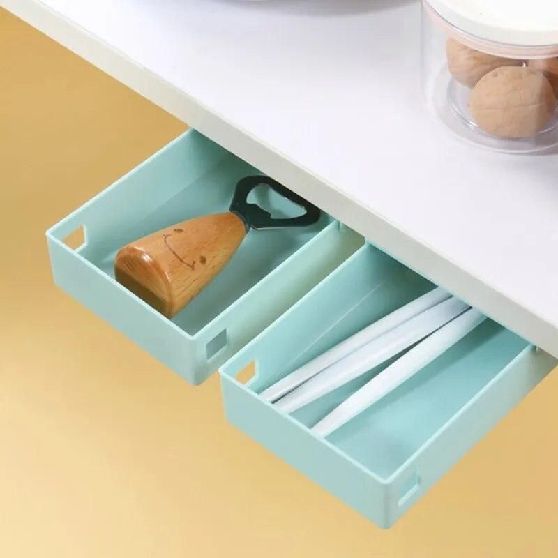 Hidden Storage Drawer Organizer Hanging Punch-free Blue Storage Boxes Under Table Self-adhesive Drawer Case Sundries Container/0