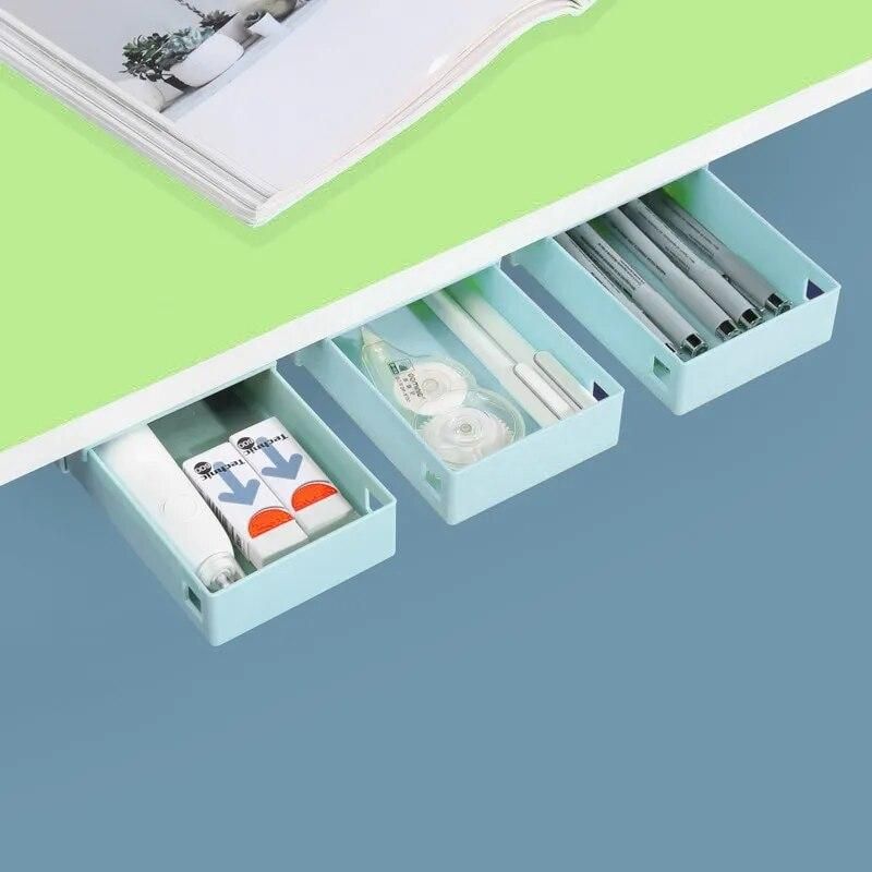 Hidden Storage Drawer Organizer Hanging Punch-free Blue Storage Boxes Under Table Self-adhesive Drawer Case Sundries Container/0