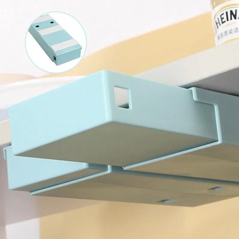 Hidden Storage Drawer Organizer Hanging Punch-free Blue Storage Boxes Under Table Self-adhesive Drawer Case Sundries Container/0