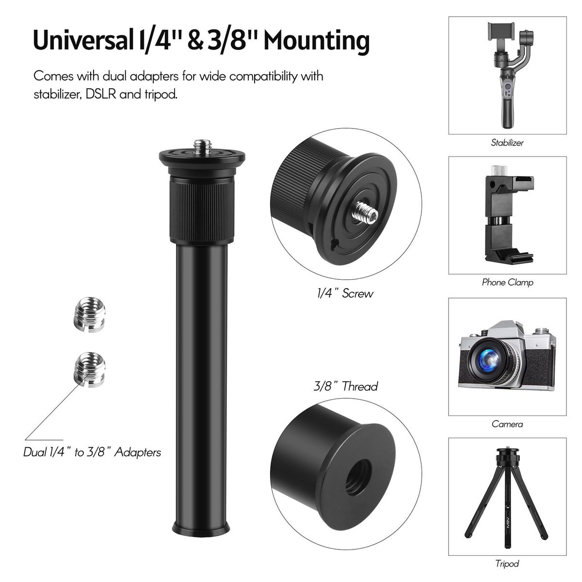 Extendable Aluminum Alloy Extension Pole Rod 19-31cm Universal 1/4-inch 3/8-inch Interface with 2pcs 1/4 to 3/8 Adapter Screws for DSLR SLR Camera Stabilizer Ball Head Tripod