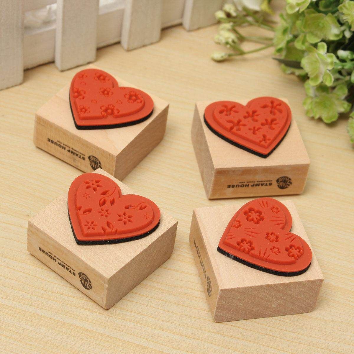 4pcs DIY Love Heart Flowers Set Diary Scrapbook Decoration Wooden Rubber Stamp
