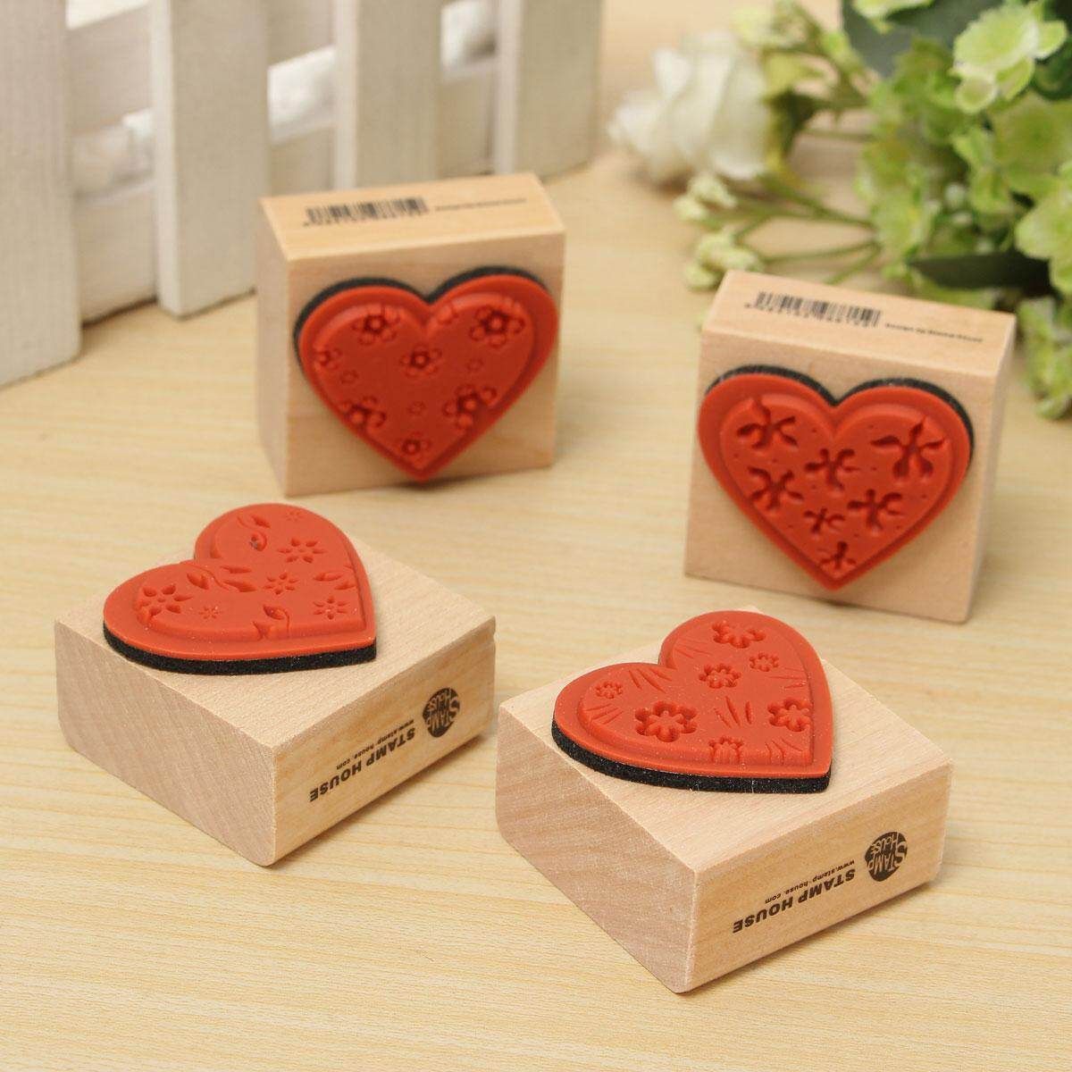 4pcs DIY Love Heart Flowers Set Diary Scrapbook Decoration Wooden Rubber Stamp