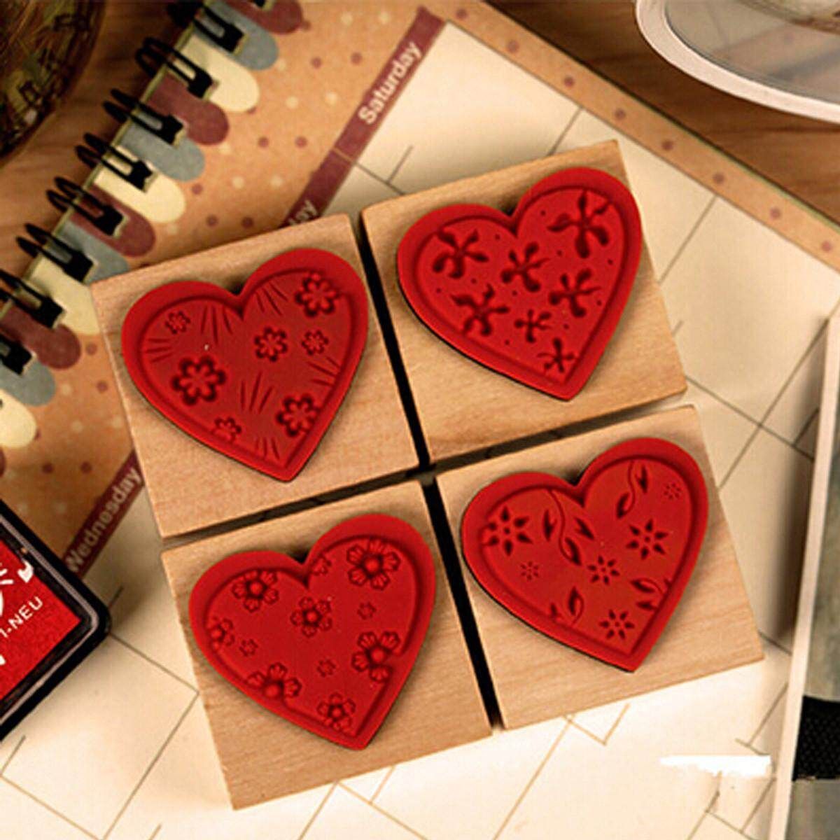 4pcs DIY Love Heart Flowers Set Diary Scrapbook Decoration Wooden Rubber Stamp