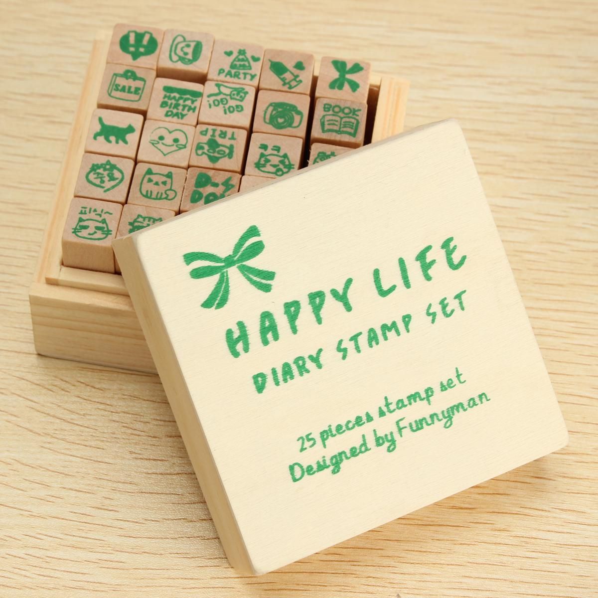 25pcs Happy Life Diary Stamp Set DIY Rubber Wooden Signet With Wooden Box Set X1