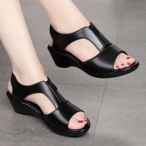 Ladies Fashion High Heel Casual Leather Shoes-Black