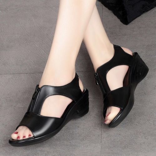 Ladies Fashion High Heel Casual Leather Shoes-Black