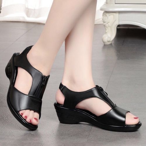 Ladies Fashion High Heel Casual Leather Shoes-Black