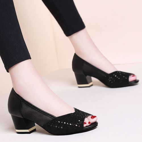 Ladies Fashion Open Toe Mesh Single Shoe - Black