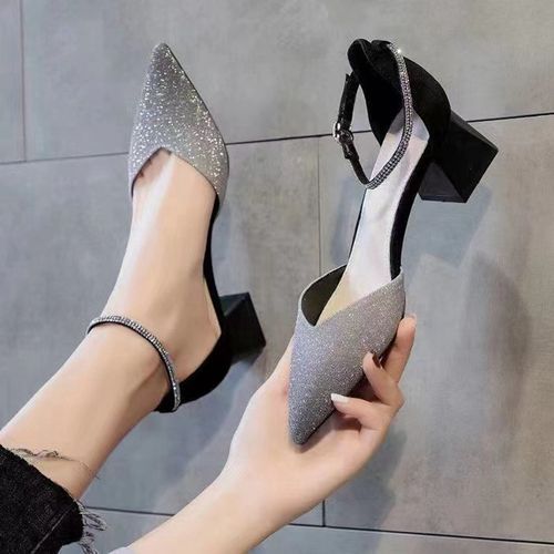 Ladies Sandals Fashion High Heel Block Heel Slippers - Black