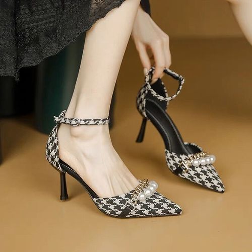 Unique Design Pointed Button Slim High Heels -Black