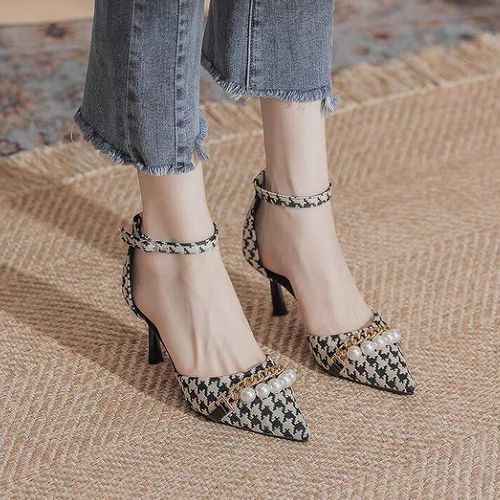 Unique Design Pointed Button Slim High Heels -Black