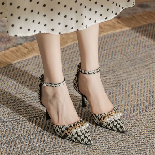 Unique Design Pointed Button Slim High Heels -Black