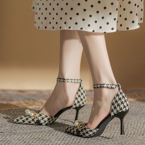 Unique Design Pointed Button Slim High Heels -Black