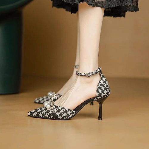Unique Design Pointed Button Slim High Heels -Black