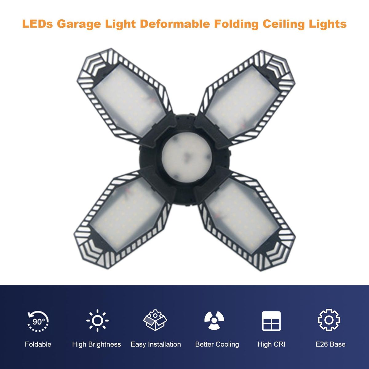 AC110-130V 80W LEDs Garage Light Deformable Folding Ceiling Lights with 4 Adjustable Panels E26 Base Socket Holder 6500k White Light for Garage Warehouse Workshop Basement Gym Kitchen