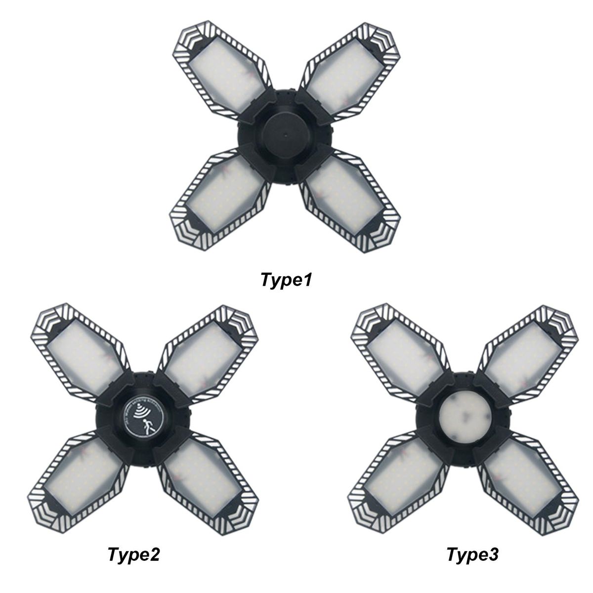 AC110-130V 80W LEDs Garage Light Deformable Folding Ceiling Lights with 4 Adjustable Panels E26 Base Socket Holder 6500k White Light for Garage Warehouse Workshop Basement Gym Kitchen