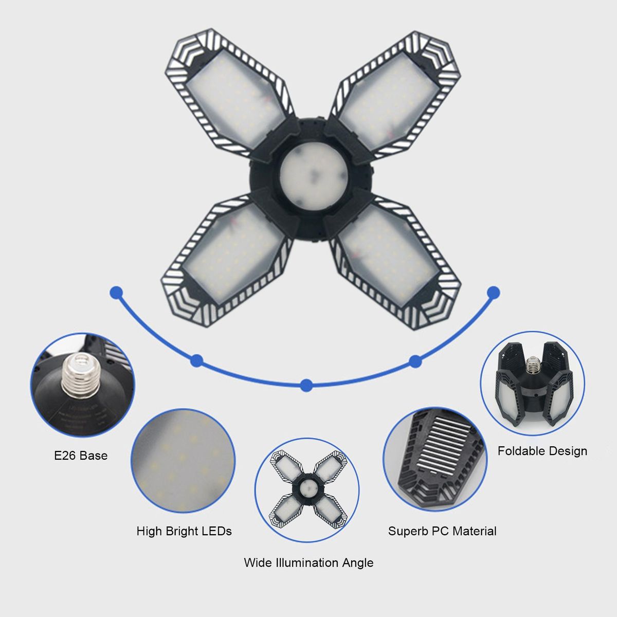 AC110-130V 80W LEDs Garage Light Deformable Folding Ceiling Lights with 4 Adjustable Panels E26 Base Socket Holder 6500k White Light for Garage Warehouse Workshop Basement Gym Kitchen