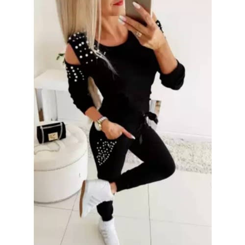Beading Body Suit Woman 2 Pieces Set- Black