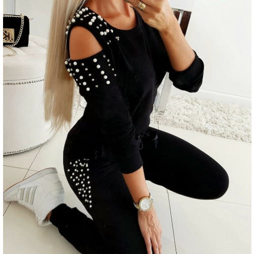 Beading Body Suit Woman 2 Pieces Set- Black