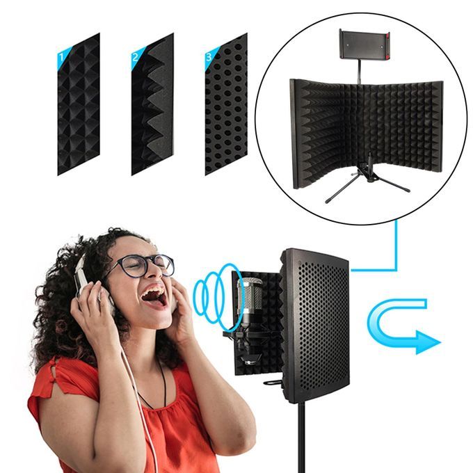Microphone Isolation Shield With Phone Holder 3 Panel Stationary