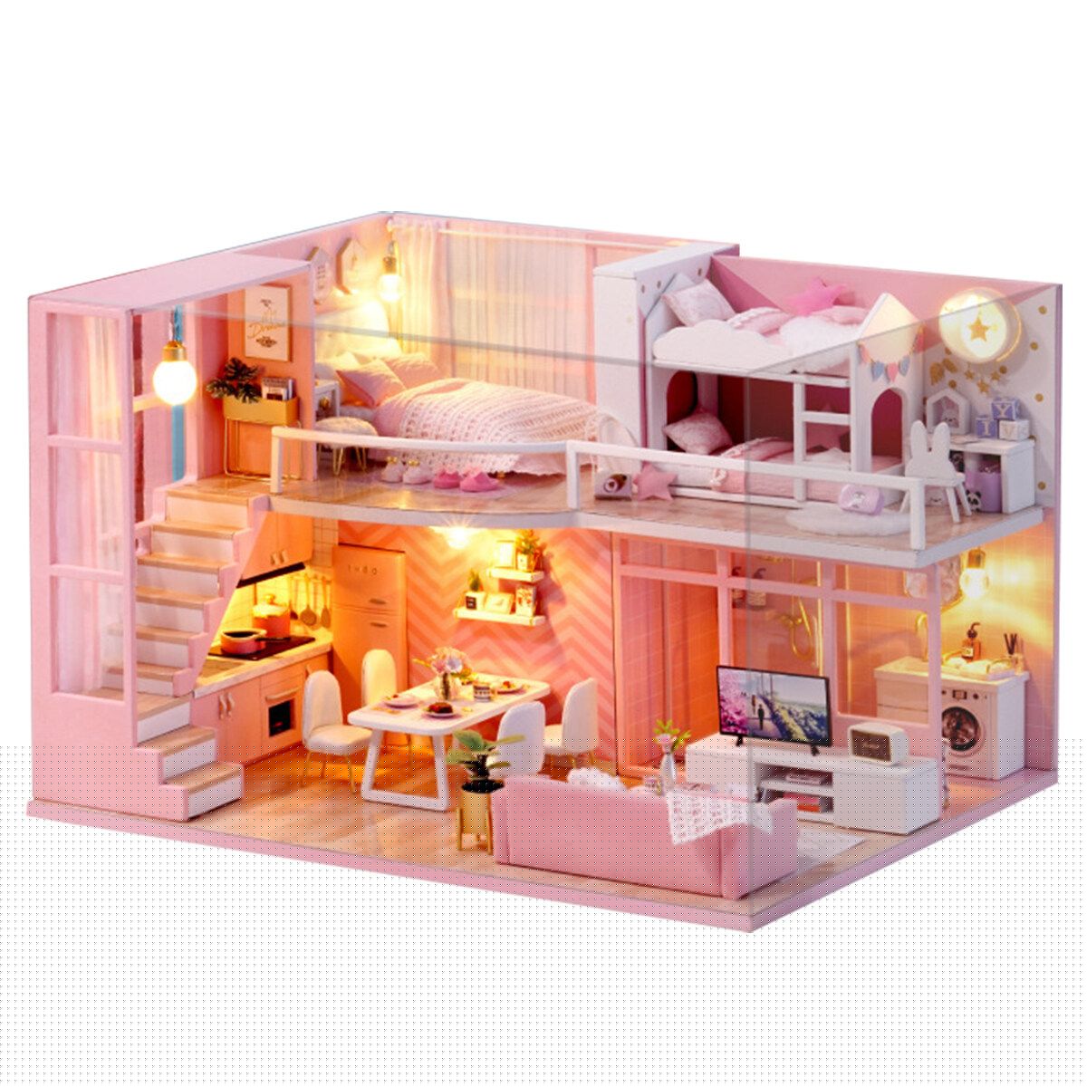 [With/Without Dust Cover] Pink House DIY Assemble 1:32 Scale Wooden Dollhouse Multicolor Without Dust Cover
