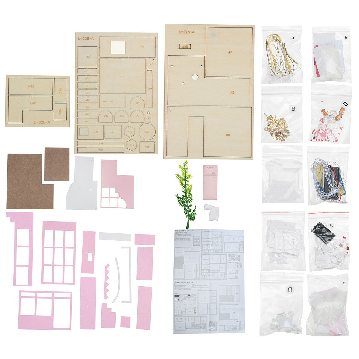 [With/Without Dust Cover] Pink House DIY Assemble 1:32 Scale Wooden Dollhouse Multicolor Without Dust Cover