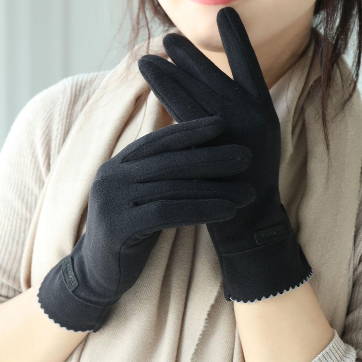 1 Pair Driving Women Winter Full Finger Plush Lining Hand Warmer Black