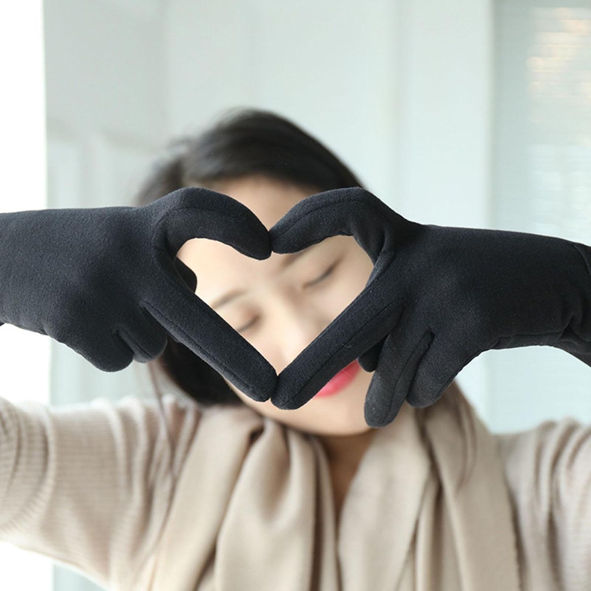 1 Pair Driving Women Winter Full Finger Plush Lining Hand Warmer Black