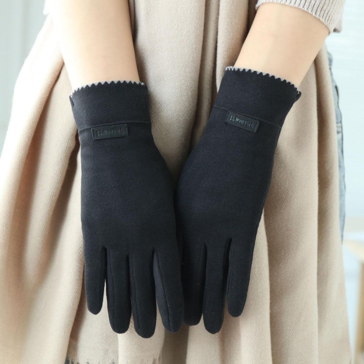 1 Pair Driving Women Winter Full Finger Plush Lining Hand Warmer Black