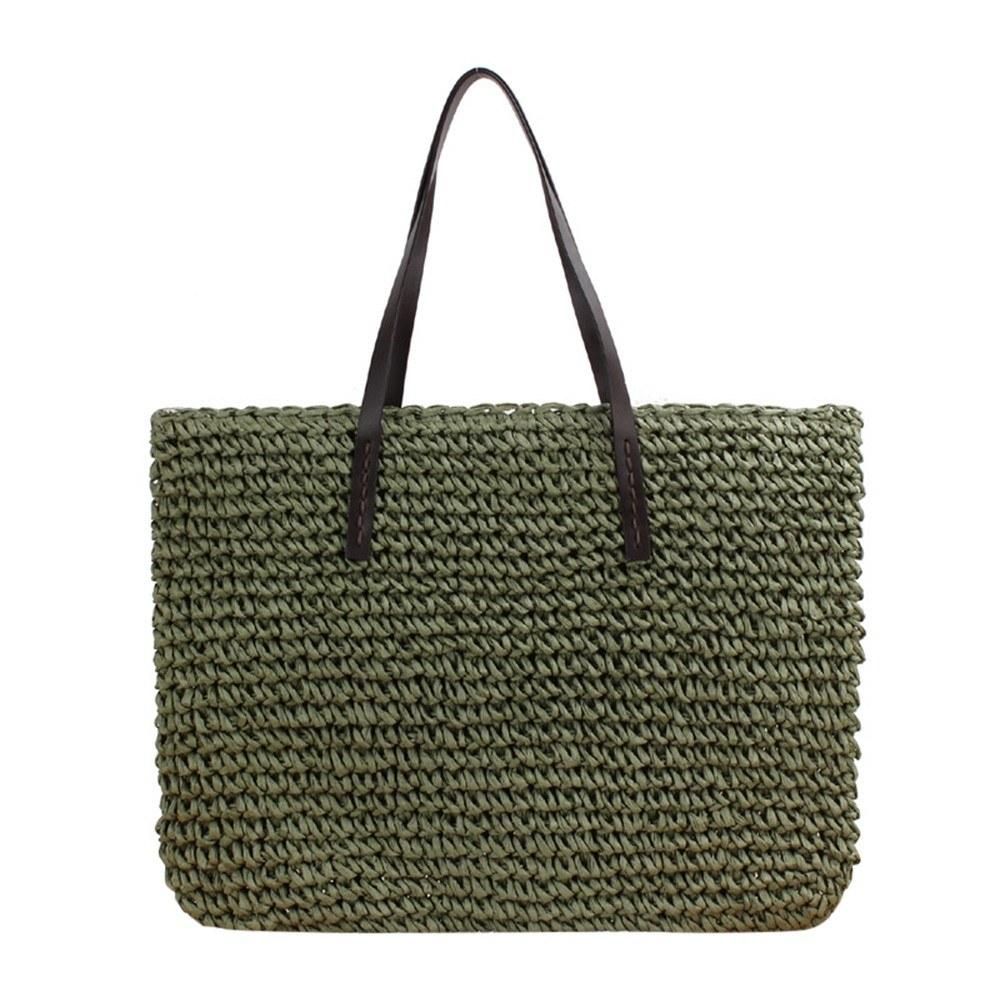 Women Straw Paper Woven Tote Bag Large Capacity PU Handle with Zipper Chic Summer Beach Handbag