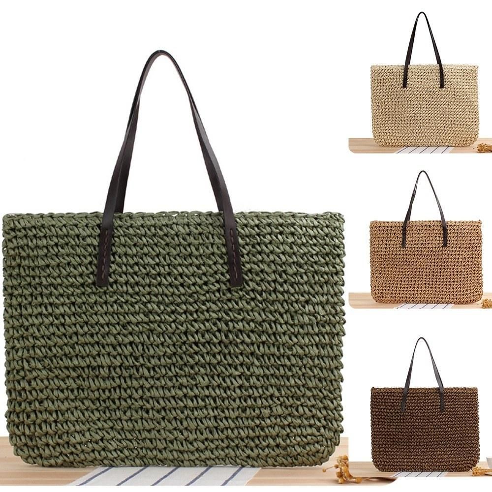Women Straw Paper Woven Tote Bag Large Capacity PU Handle with Zipper Chic Summer Beach Handbag