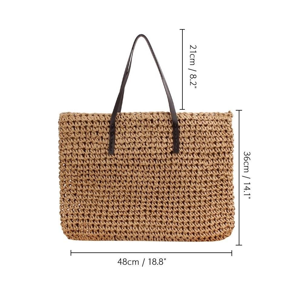 Women Straw Paper Woven Tote Bag Large Capacity PU Handle with Zipper Chic Summer Beach Handbag