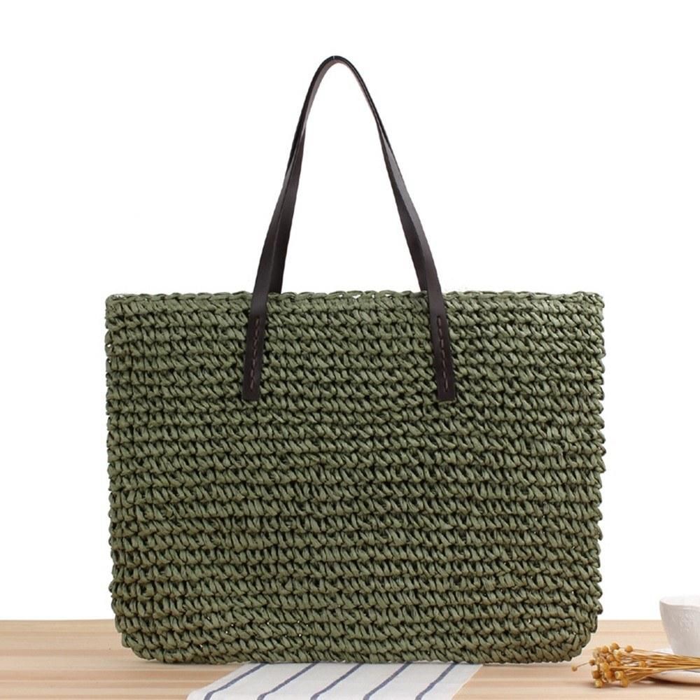Women Straw Paper Woven Tote Bag Large Capacity PU Handle with Zipper Chic Summer Beach Handbag