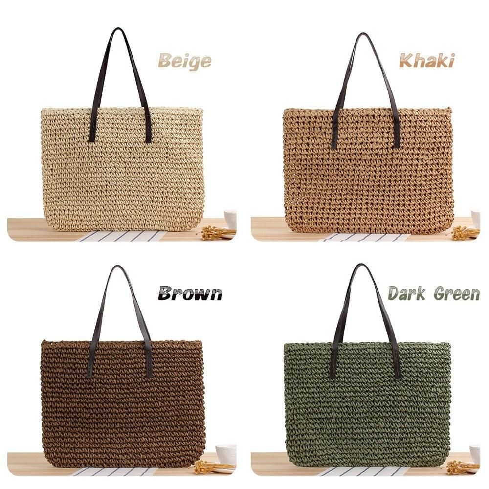 Women Straw Paper Woven Tote Bag Large Capacity PU Handle with Zipper Chic Summer Beach Handbag