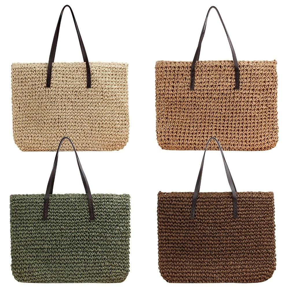Women Straw Paper Woven Tote Bag Large Capacity PU Handle with Zipper Chic Summer Beach Handbag