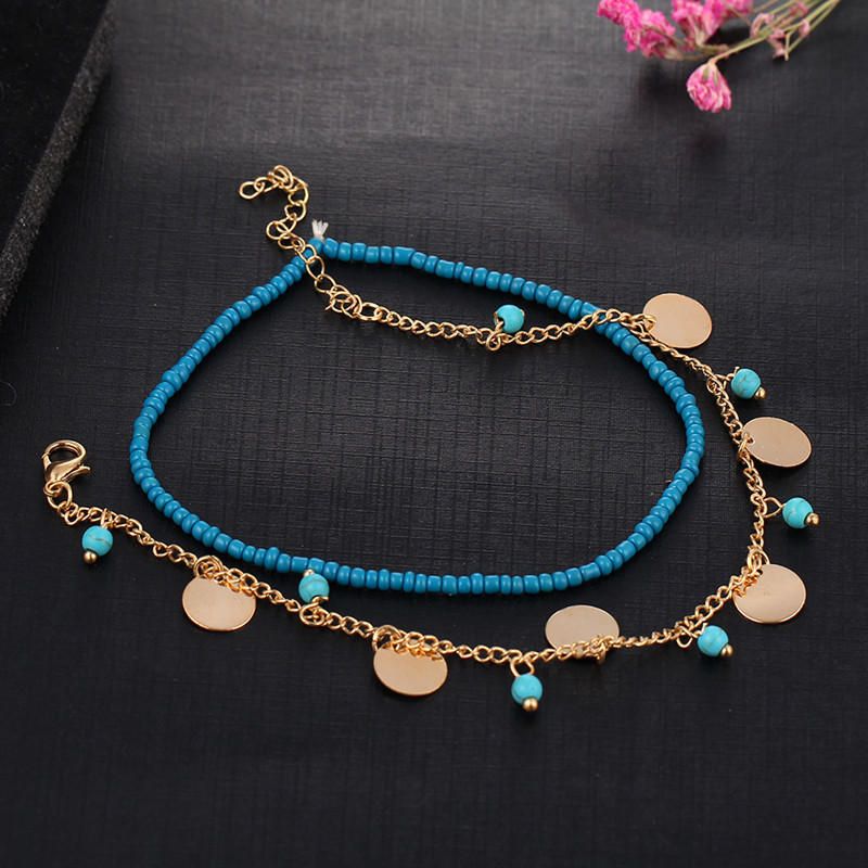 Bohemian Women\'s Anklet Summer Beach Multilayer Blue Bead