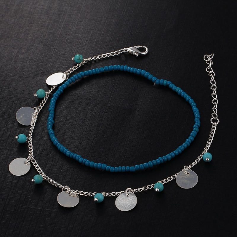 Bohemian Women\'s Anklet Summer Beach Multilayer Blue Bead